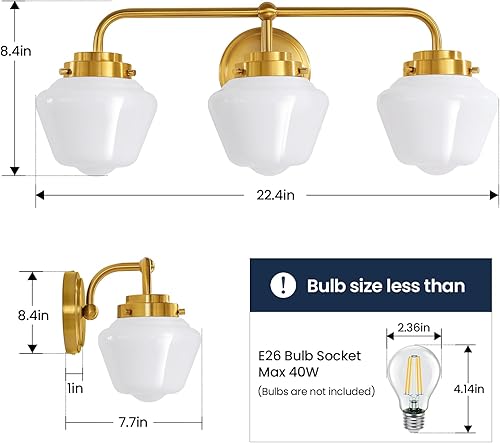 Miniatura 7 de Accesorios de iluminación de tocador de baño 3 luces doradas de tocador sobre el espejo, 17 pulgadas E26 60W moderna lámpara de baño con vidrio
