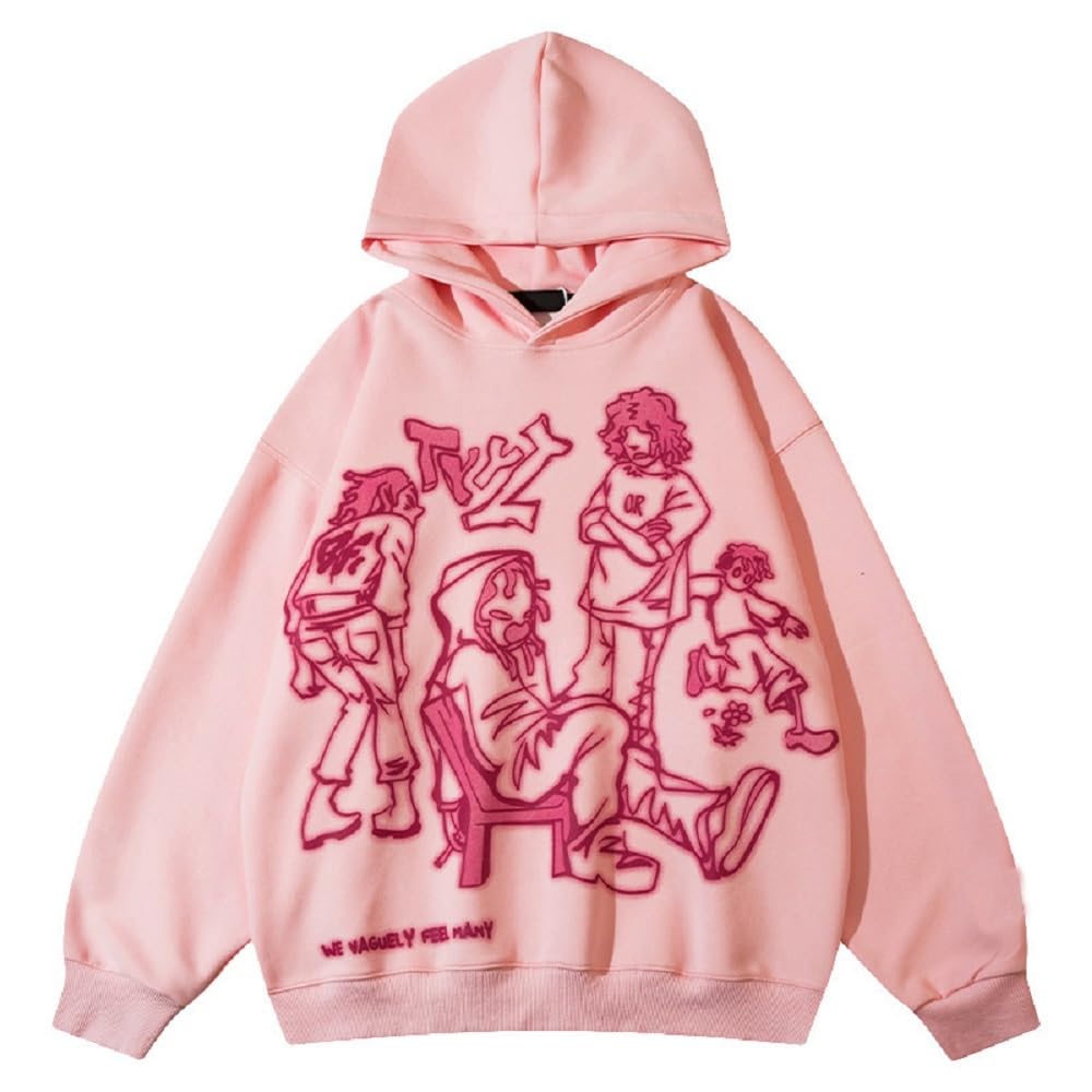 Lenernyg Men Cartoon Graphic Hoodies Y2k Pink Vintage Printed Clothes Oversized Harajuku Hoode Sweatshirt (Medium)