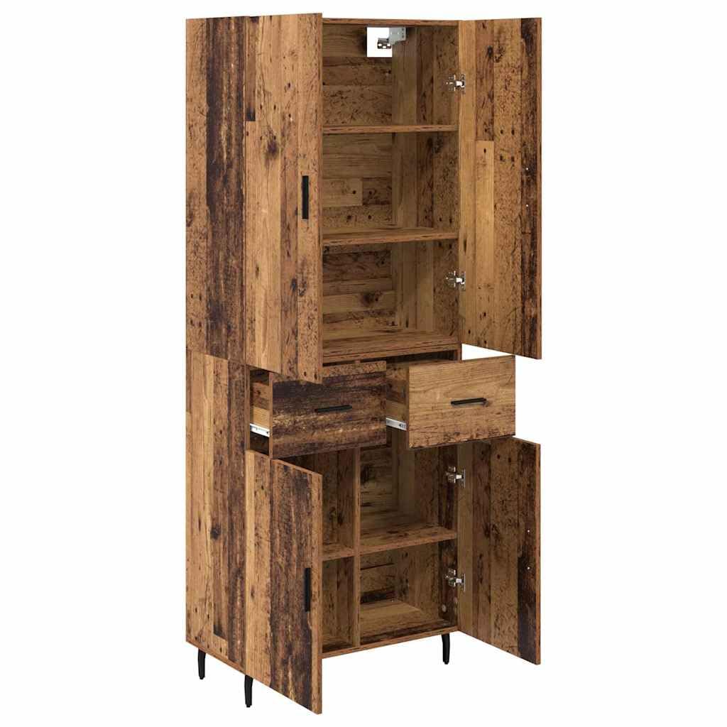 Buffet haut avec tiroirs en bois vieilli et verre, buffet moderne avec espace de rangement, armoire étroite pour salon, salle à manger, couloir, étagère fonctionnelle