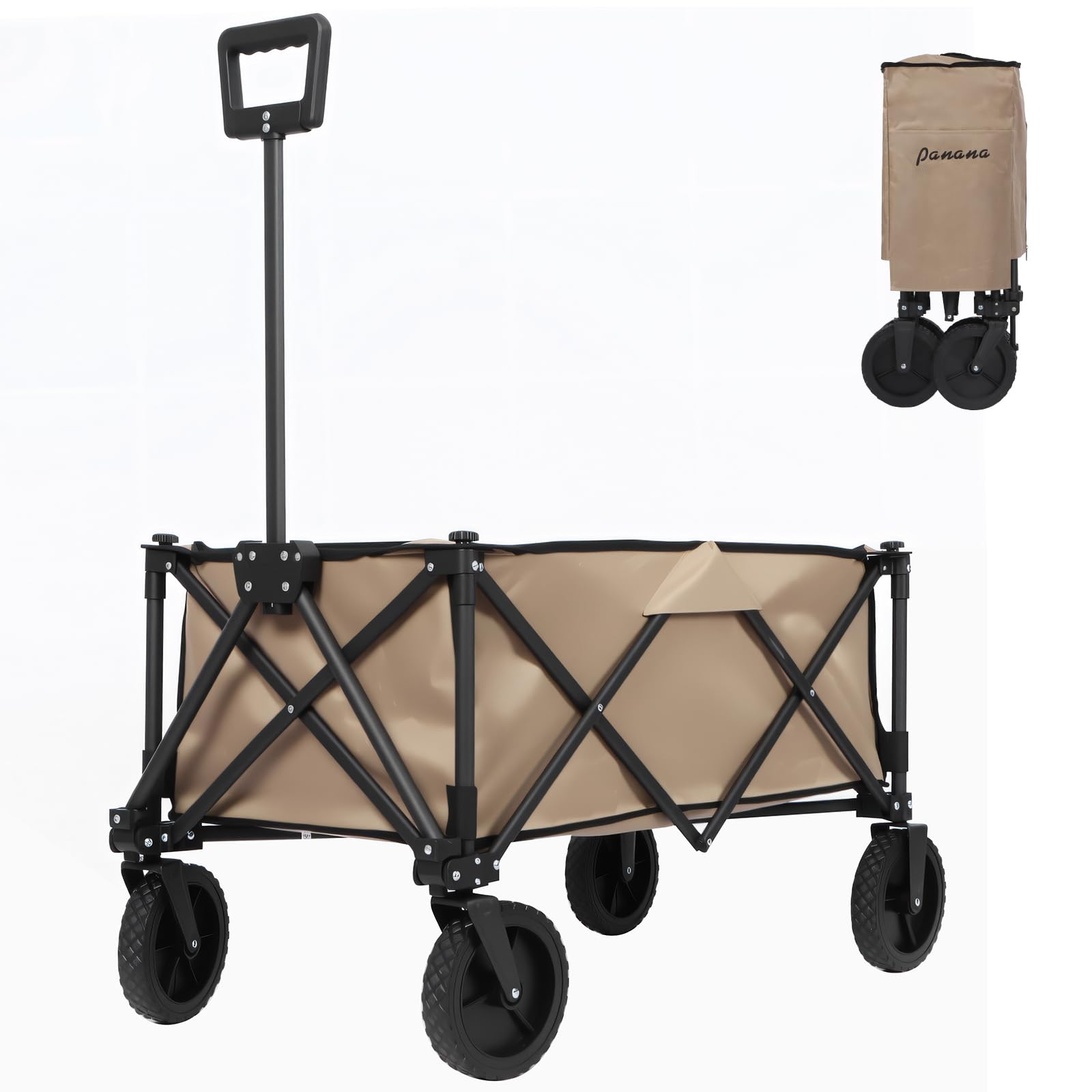 Panana Beige Folding Utility Wagon Cart With All-Terrain Wheels, Folding Trolley Cart Heavy-Duty Steel Frame, 150L Capacity, 150Kg Load, Collapsible Garden Trolley Cart (Beige)