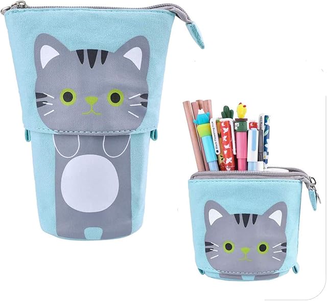 Star-Link Stand Pencil Holder, Cute Cartoon Cat Telescopic Stand Stationery Bag Pencil Case Pouch Variable Kids Canvas Cosmetic Bags Storage Bag Retractable Pen Makeup Bag for Boys Girls Students
