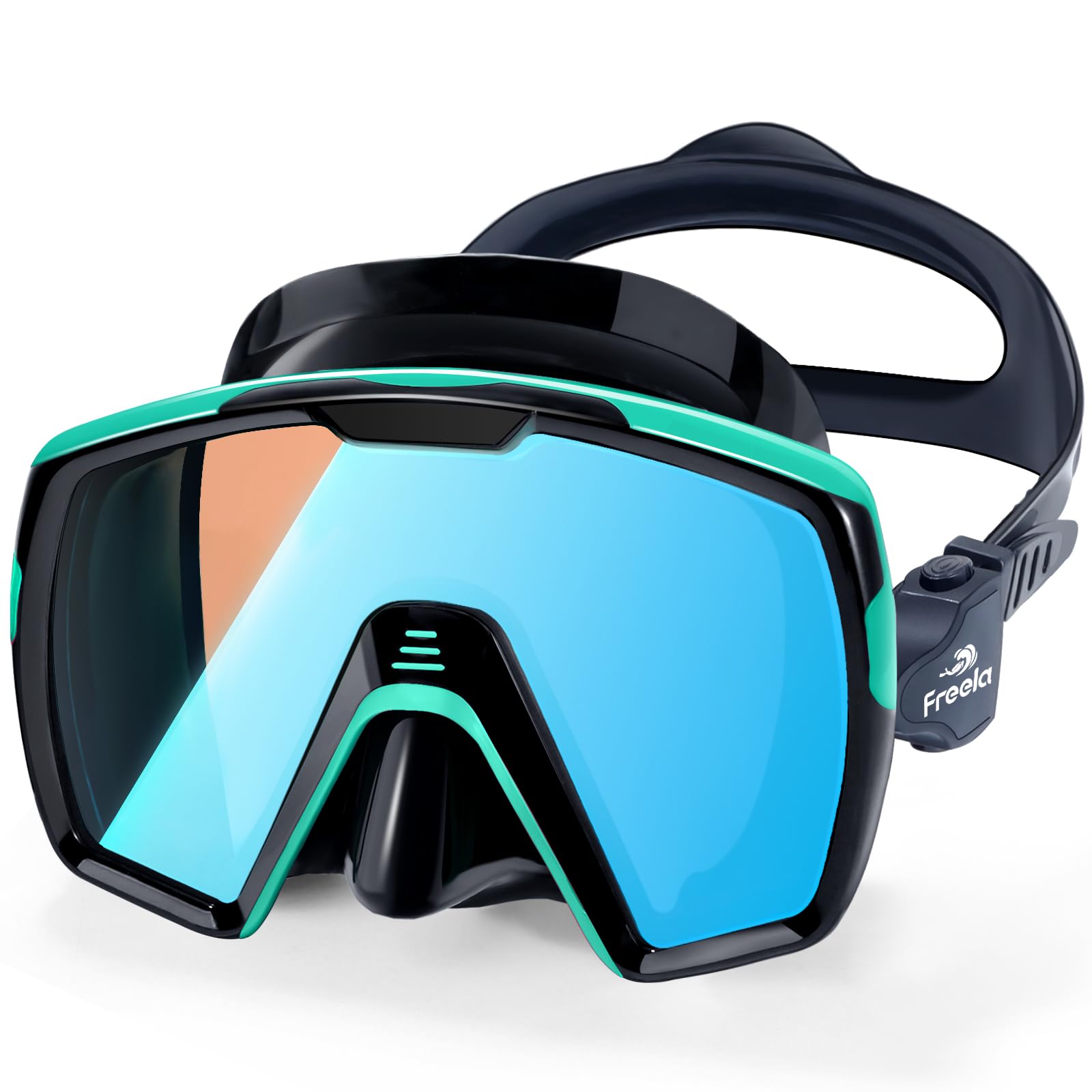 Freela Adult Dry Snorkel Set Scuba Diving Mask with Mirrored Blue Len, Tempered Glass 180° Wide View, Anti Fog No Leak Snorkeling Gear for Men Women Youth with Nose Cover for Breathing Swimming Diving