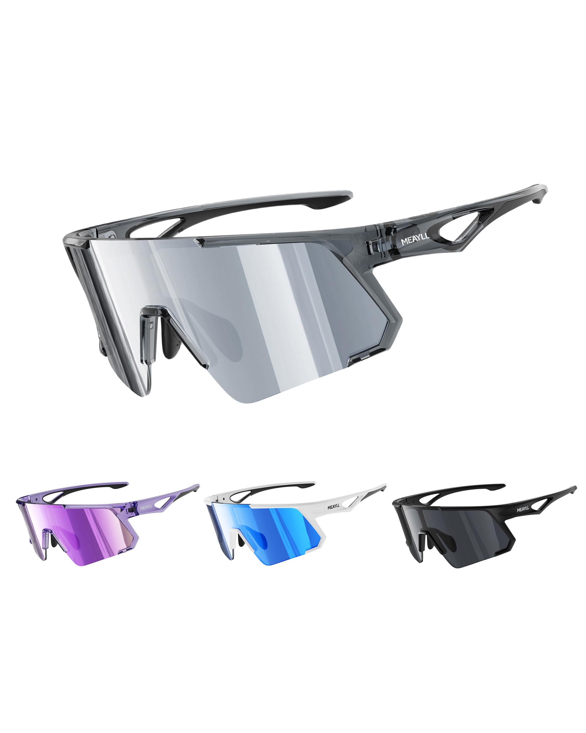 Fahrradbrille Herren Laufbrille Damen, UV400 Sportbrille Sonnenbrille, TR90 Frame mit Verstellbaren Nasenflügel MTB Schutzbrille Schnelle Brille Sunglasses für Fahrrad Angeln, Transparentes Schwarz