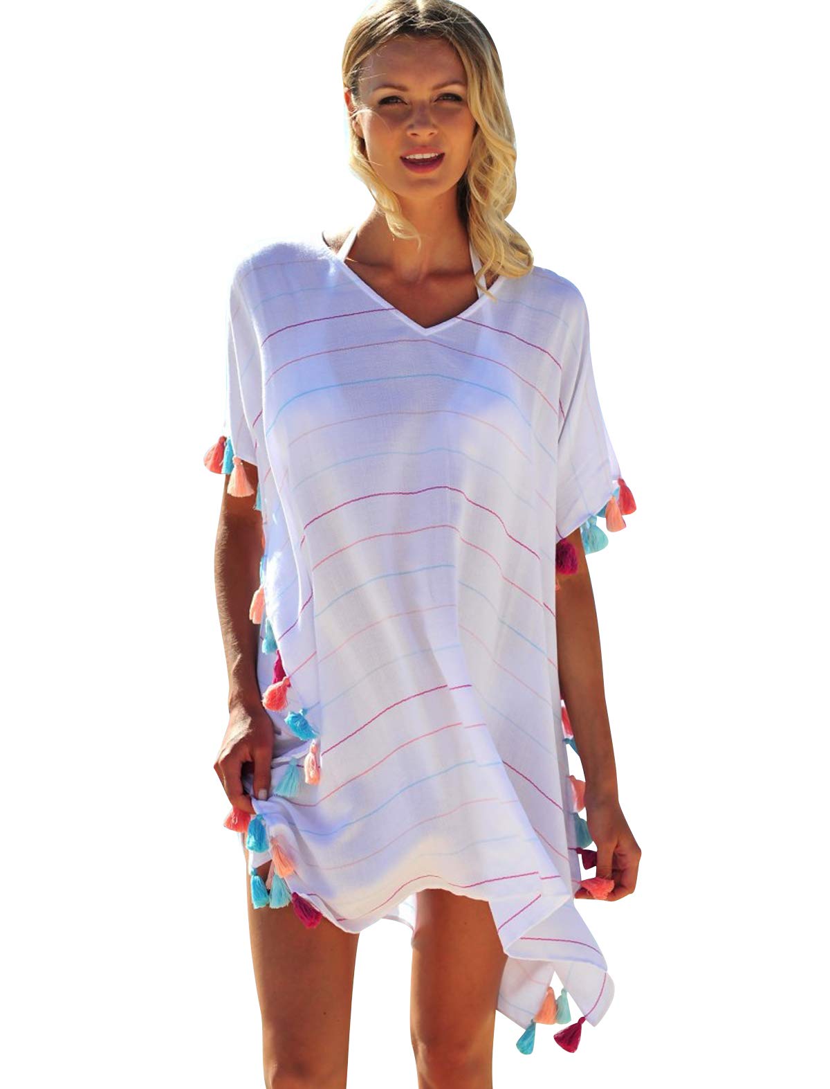 Pengniao Vestido Playa Mujer Vestidos Pareos Playeros Cuello V Boho Kaftan Camisolas Caftanes Bluson Tunica Blusas Playa Piscina Ropa de Baño Playero Bikini Cover Up Tunicas Playera Camisola Verano