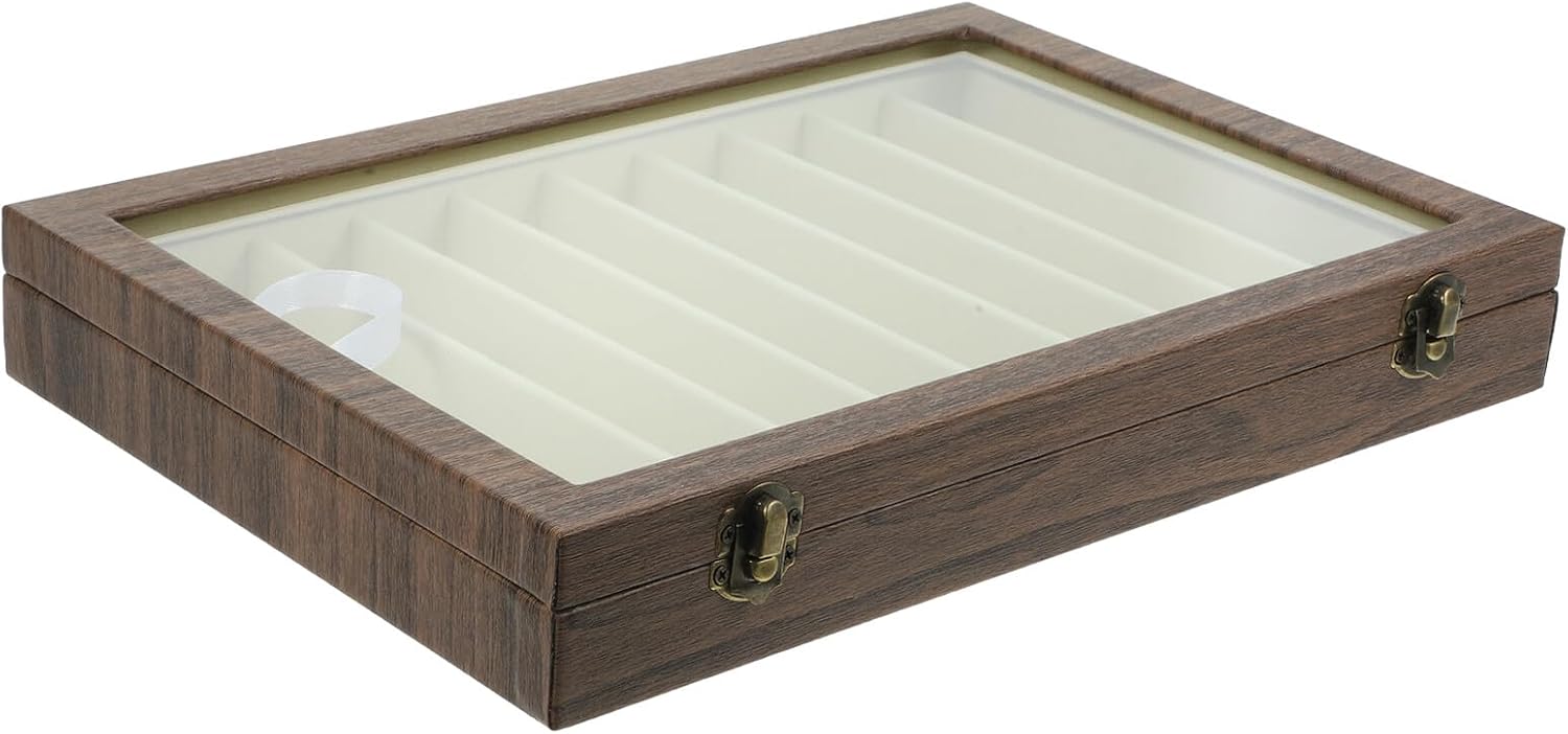 Portable Window 10-compartment Necklace Organizer Box with Glass Lid Stackable Jewelry Storage Tray for Travel and Display, Deep Wood Grain Finish