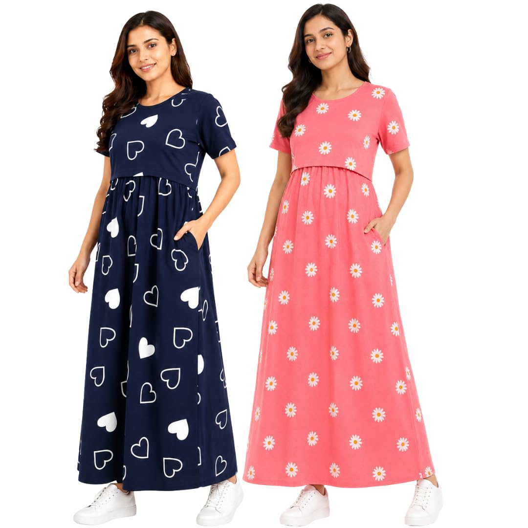 Maternity Feeding Dress Combo Pack of 2 | Zipless Nursing Dress for Women | Soft Cotton Lounge & Outdoor Wear | Pregnancy & Feeding Friendly Maxi Dress with Pockets(NavyBlue,Peach)-picture-19