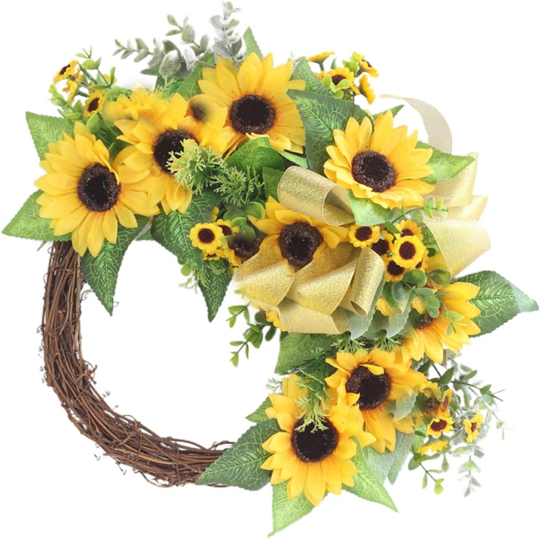 1Pc Sunflower Front Door Decoration Garland Faux Sunflower Wreath for Home Decor Yellow Floral Ornament for Living Room Bedroom Game Room Design