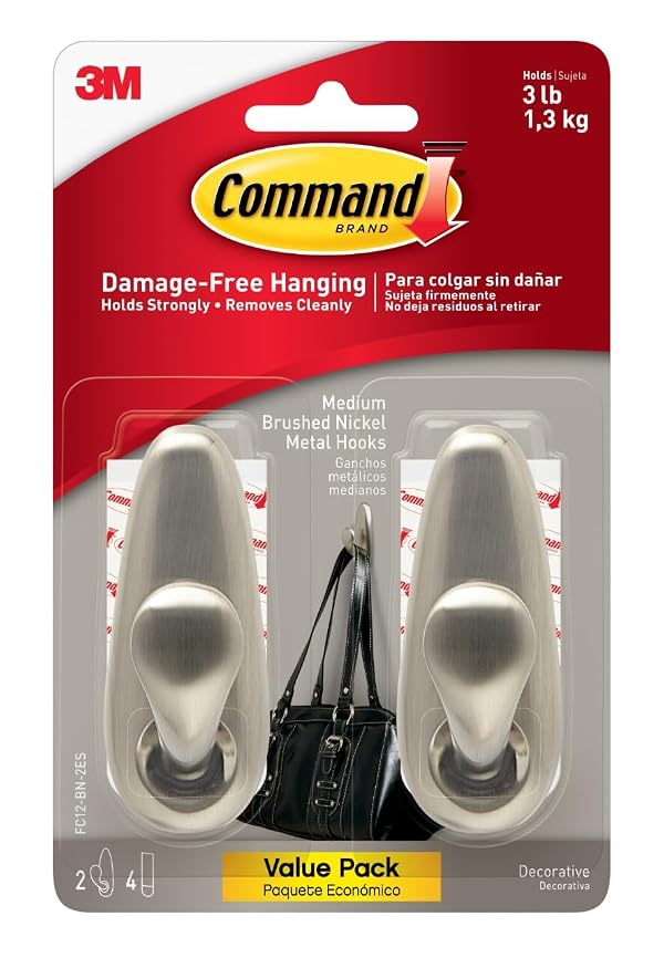 Command Medium Forever Classic Metal Hook, Medium, Brushed Nickel, 2-Hooks,4 Strips Decorate Damage-Free by Command - Used condition - CA$9.95