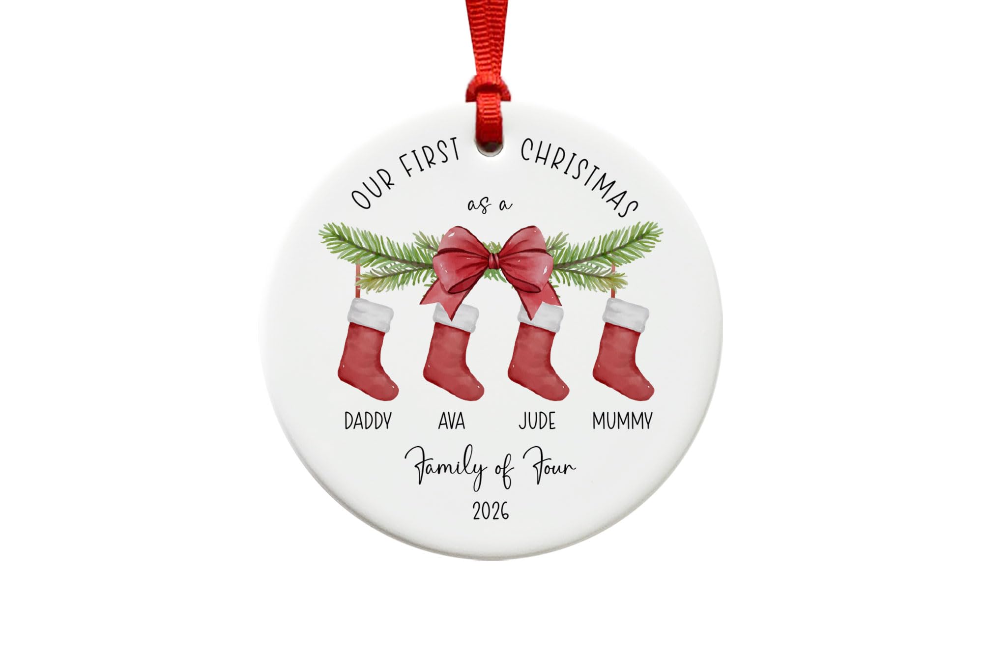 First Christmas As a Family of Four Ornament - Ceramic Stockings Christmas Tree Bauble Decoration Keepsake 2026 - New Baby Gift - New Parents Present