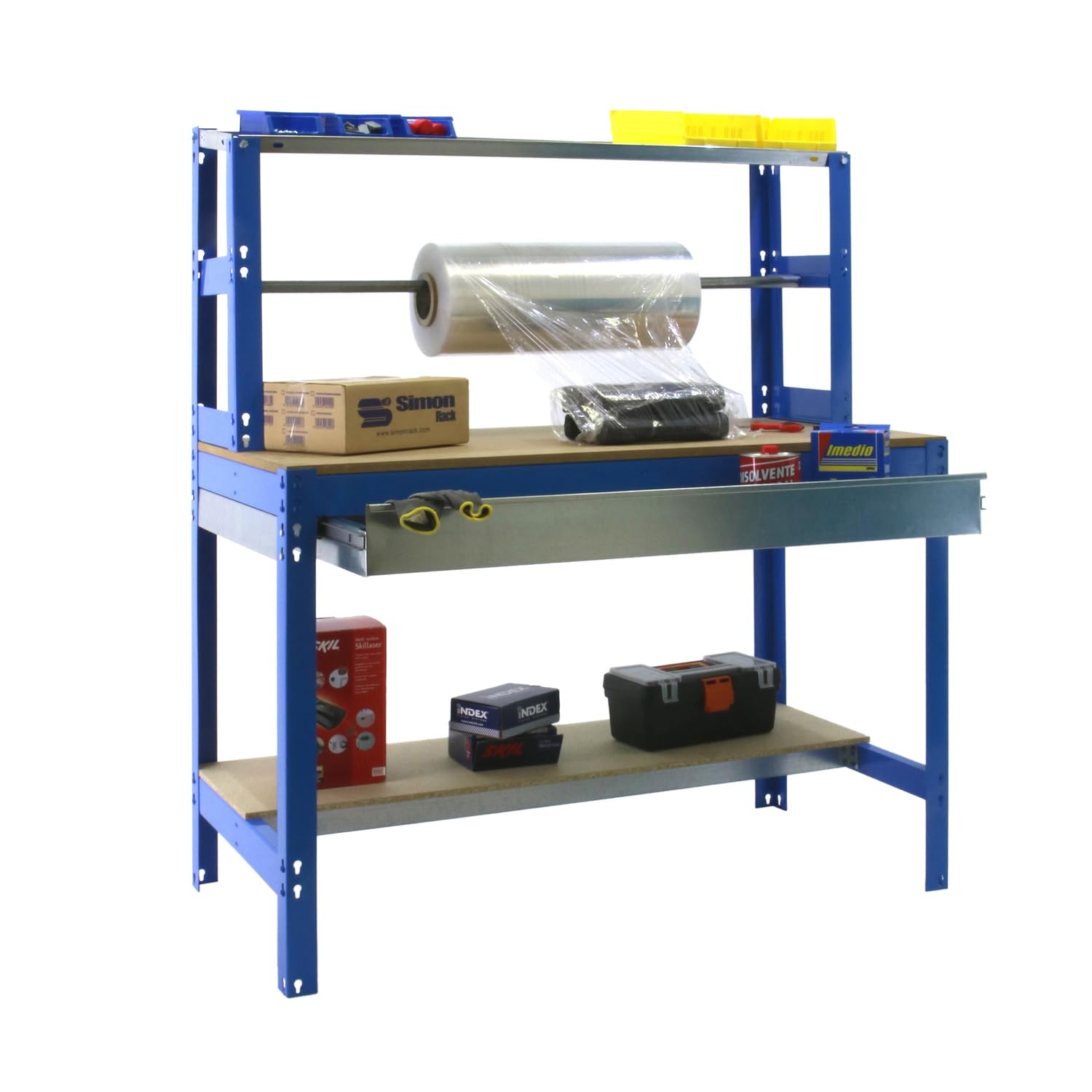 Simon Rack Banco de Trabajo con Porta Rollo y cajón 1210x760 mm - BT4 | Tablero madera 16 mm, Capacidad Carga 600 kg, Azul , Pintura anticorrosión, Montaje sistema clic