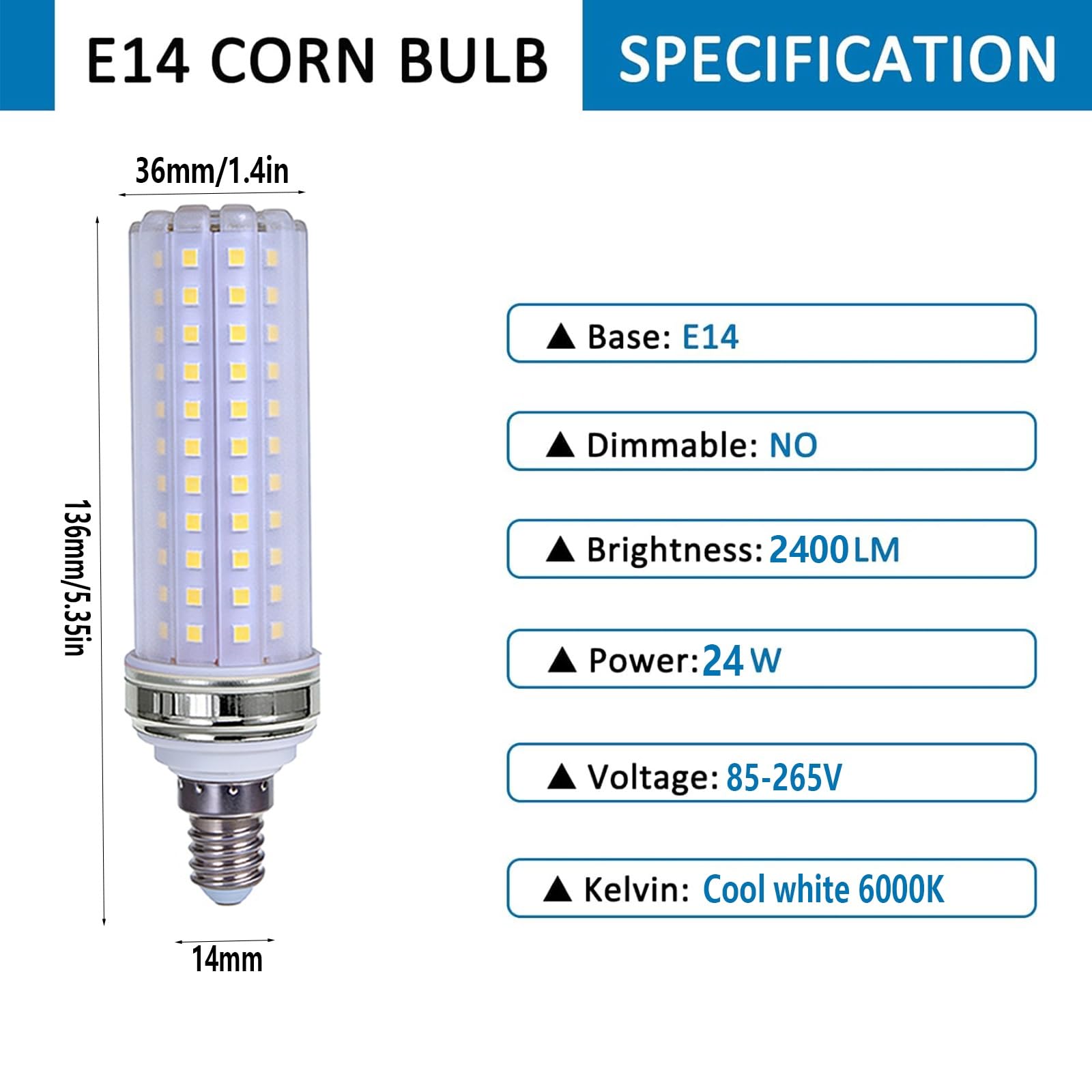 Bombillas LED E14 24W Equivalente a 240W Sin Parpadeos No Regulable Ahorro Energético Para Lámpara De Araña Techo Lámpara De Mesa Uso Interior Hogar Y Oficina(Cool White 6000K,10 Pack)