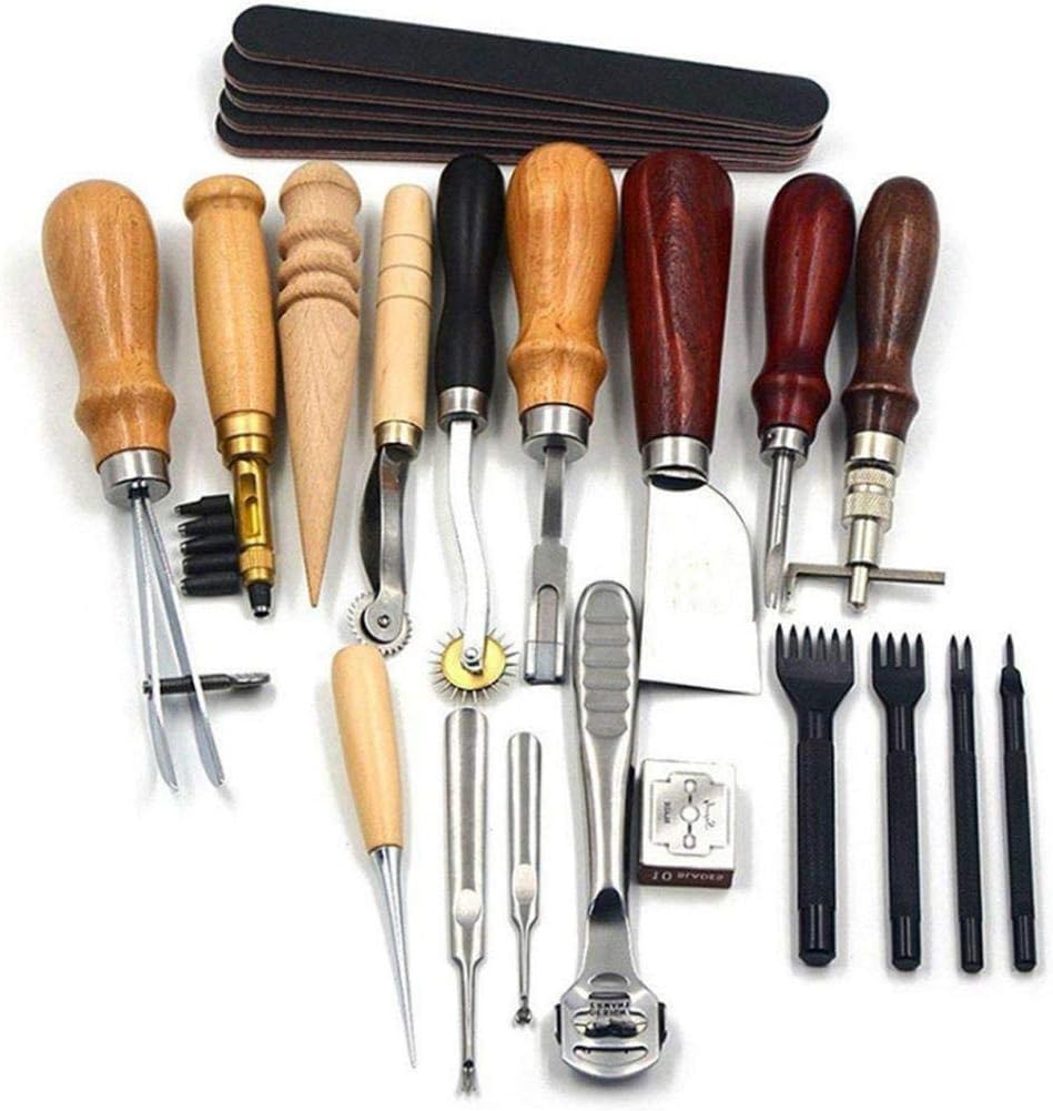 Leather Craft Tools and Supplies 19 Piece Leather Kit with Stitching Groover, Prong Punch Perfect for Stitching Punching Cutting Sewing Leather Craft Making