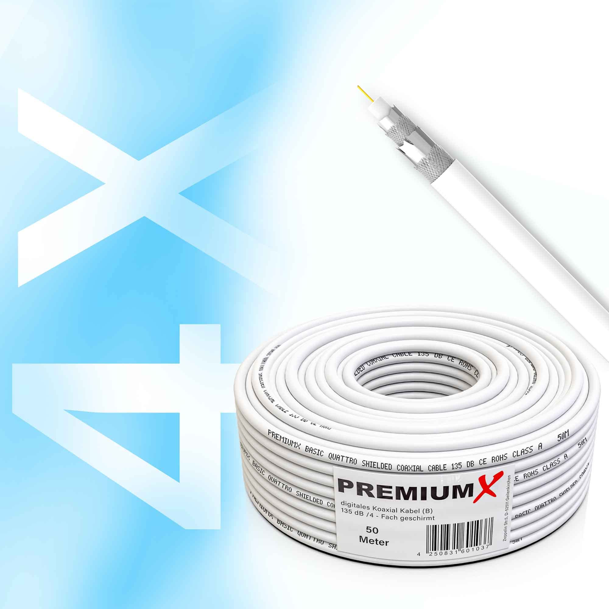 Premium X Kabel koncentryczny SAT 50 m, 135dB, ekranowany, 4-warstwowy, kompatybilny z DVB-S/S2, DVB-C, DVB-T, 4K 1080p FULL HD HDTV, kabel antenowy koncentryczny do instalacji CATV + 10 złączy F