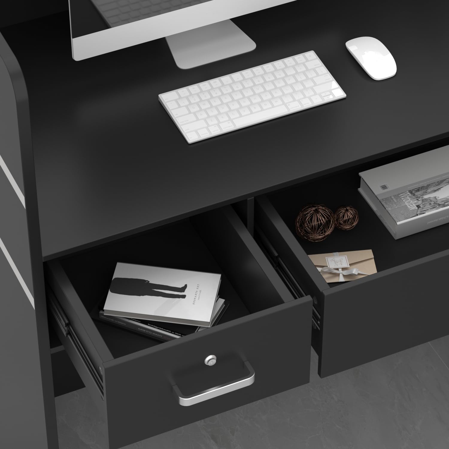 Comptoir de Réception Secrétaire et Magasin - Meuble de Bureau 3 Tiroirs 1 Armoire 110x120x48 cm Noir
