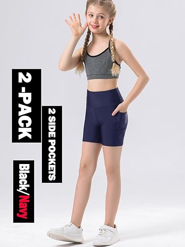 Miniatura 2 de Yilisha 2 paquetes de pantalones cortos deportivos de compresión de elastano para niña, para voleibol, atletismo, natación, yoga, 2 bolsillos