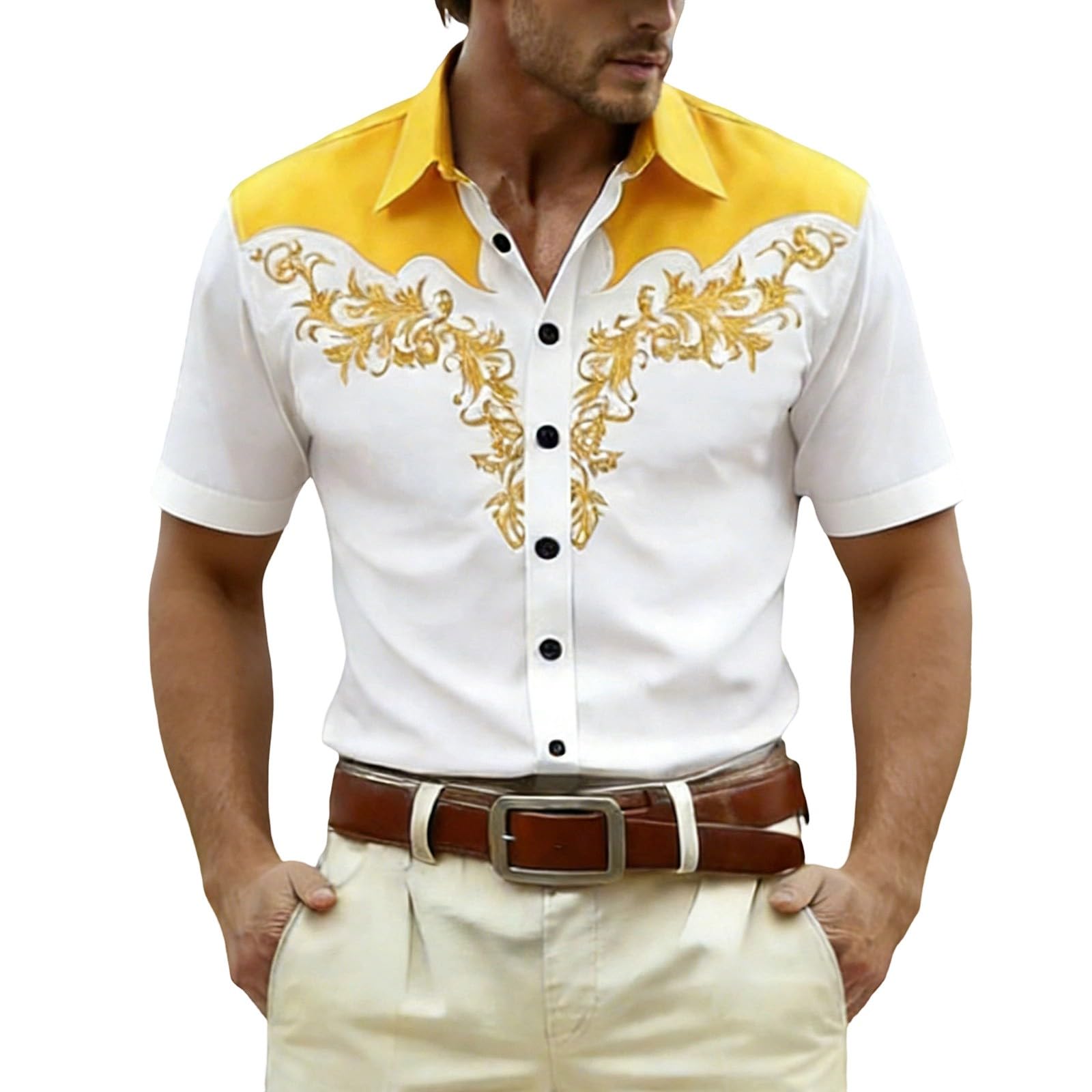 RUMAOZIA Men's Shirt Western Cowboy Style 3D Print White Vintage Medieval Shirts Short Sleeve Cowboy Costume Shirt Embroidery Look Men Carnival Party Top Regular Fit Fancy Dress Costume, O yellow, XXL