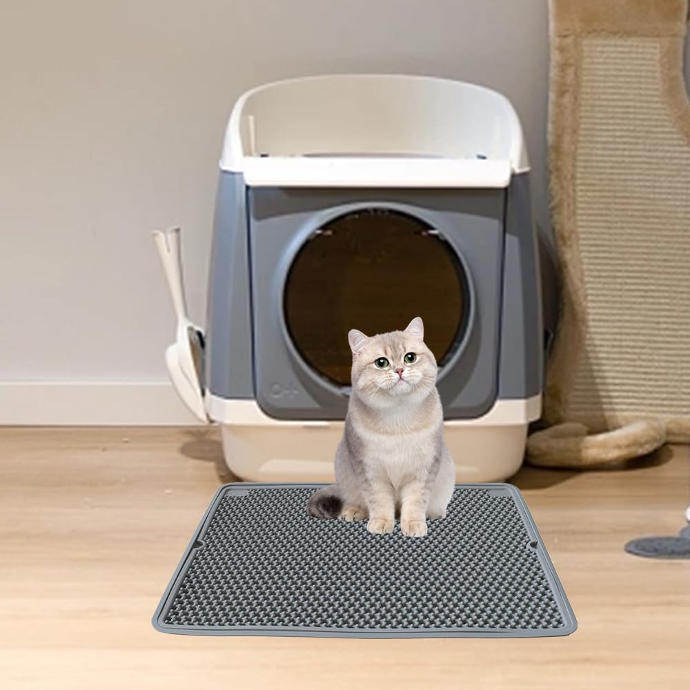 Alfombrilla de silicona para arena de gatos, impermeable, de doble capa, para caja de arena para gatos (gris, 20 x 15 pulgadas)