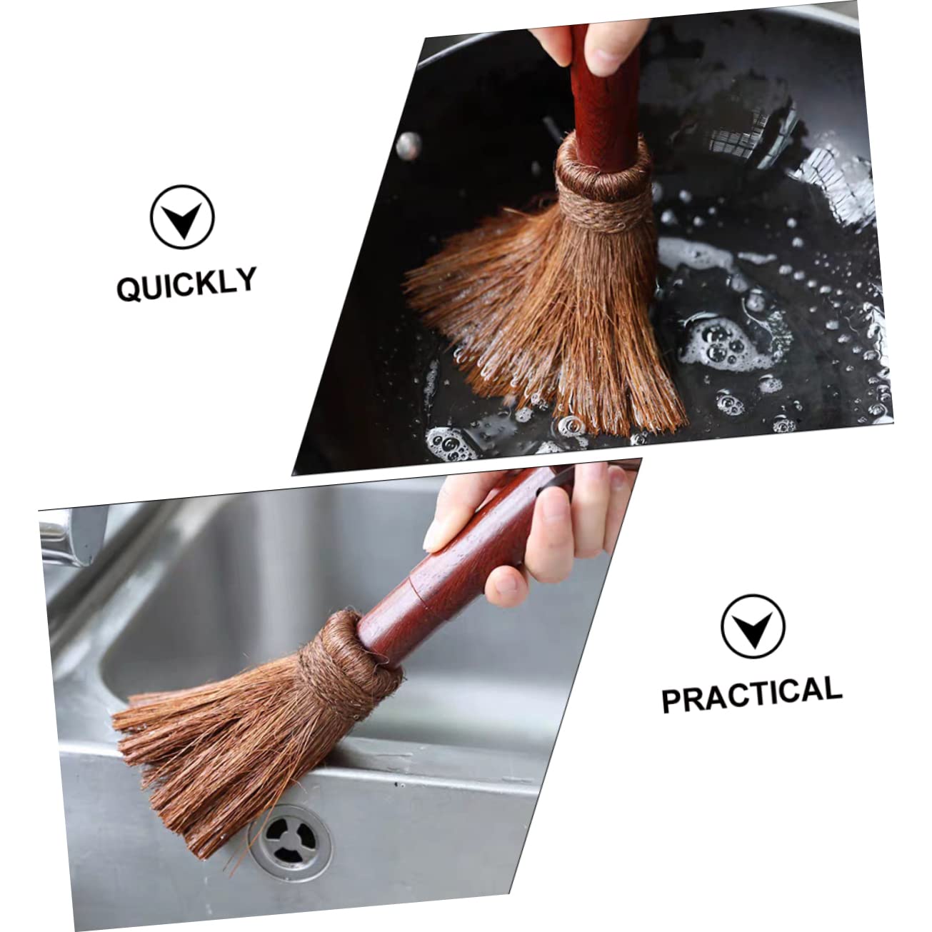 PRETYZOOM Handmade Coconut Fiber Pot Brush Dish Wand Brush for Kitchen Cleaning Wood Handle 24cm