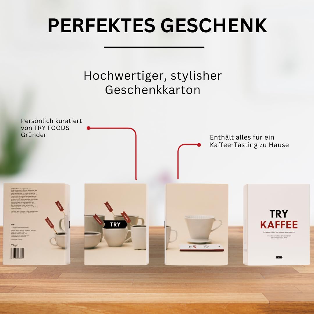 TRY Kaffee Geschenkbox, ganze Bohnen - 5x 50g Gourmet-Kaffees aus aller Welt & 1 Broschüre - die Geschenkidee für Kaffee-Liebhaber