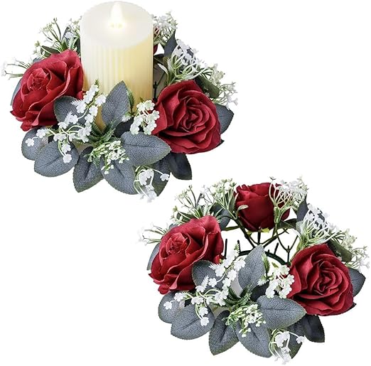2 Pack Christmas Candle Rings Wreaths,Artificial Rose Floral Wreaths with Eucalyptus Leaves Greenery Small Wreath for Pillar Cabinet Wedding Centerpiece Party Home Table Decor (Red)