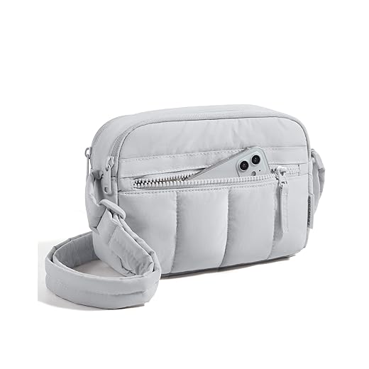 BAGSMART Cross Body Purse, Mini Crossbody Bags for Women Travel Purse, Puffy Shoulder Handbag Wallet with RFID Blocking Slots, Light Gray-small