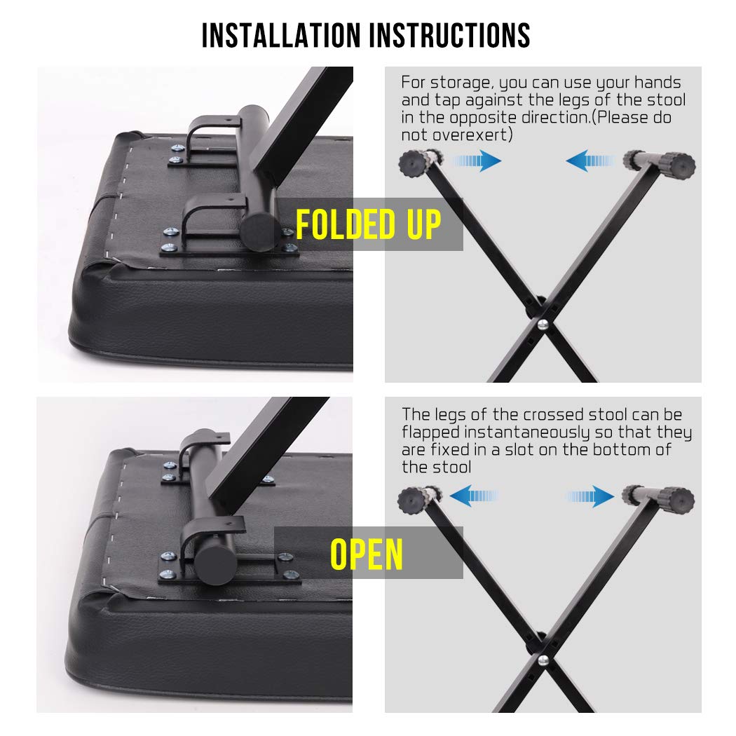 UNHO Banco para Piano y Teclado Taburete Plegable con Patas en X para Piano 3 Alturas Ajustables 48/51.5/53.5cm con Asiento Cómodo Carga Máx 80kg