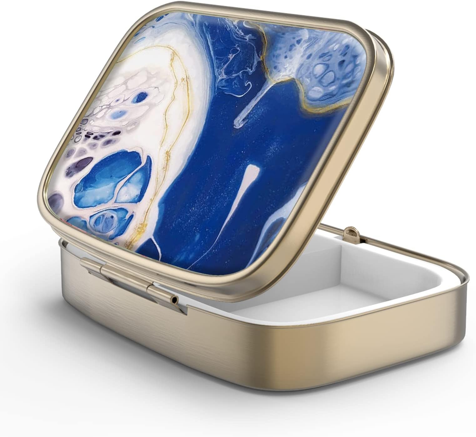 Pill Case Pill Box with Mirror Retro 2 Compartment Small Pill Case for Purse or Pocket Bronze Rectangular Pill Box or Vitamins, Fish Oil, Supplements, Pill Containe Travel Gifts（Marble Paint）
