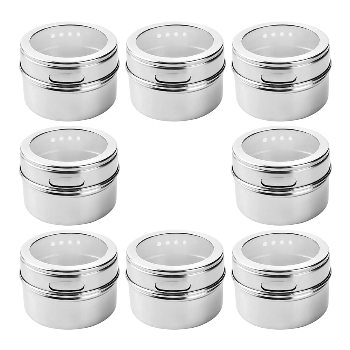 Mikikit Boîte à Épices Magnétique Lot de 8 Pièces en Acier Inoxydable Argenté avec Étiquettes, Couvercles Transparents et Design Double Tamis, Rangement Suspendu Cuisine