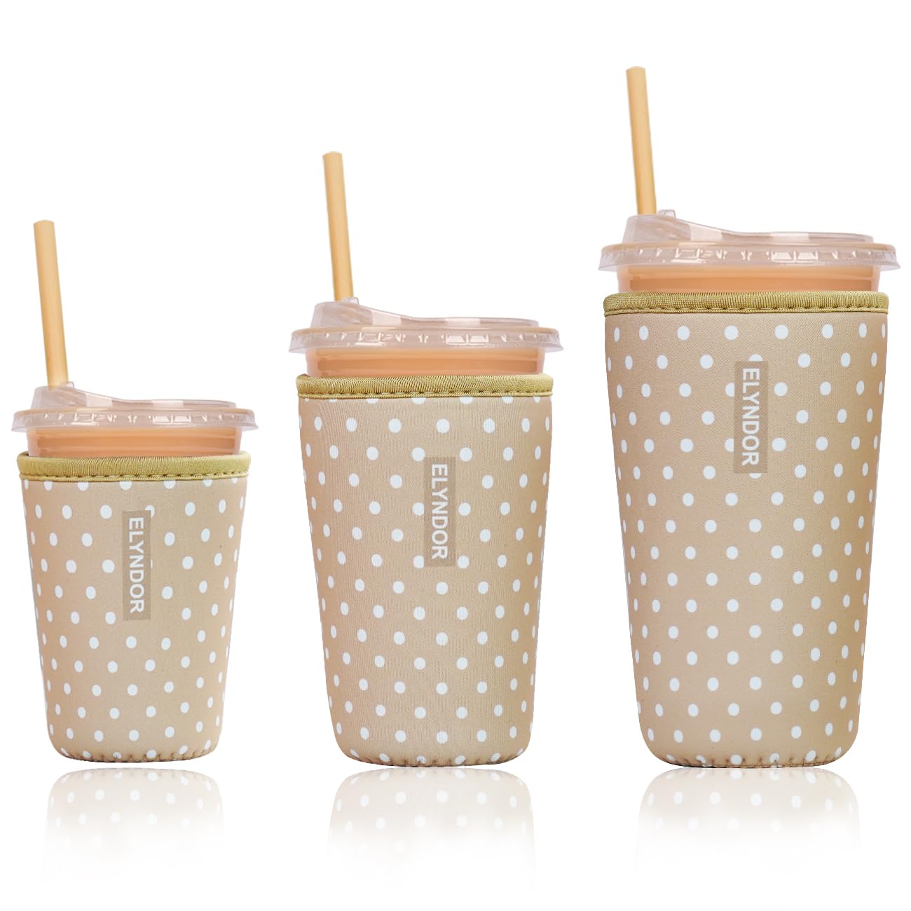 Reusable Insulated Sleeve for Iced Coffee Cup, 3-Pack Coffee Neoprene Drink Sleeve for Cold &amp; Hot Drinks, Beverage Holder for Iced Coffee (Beige Polka Dots)