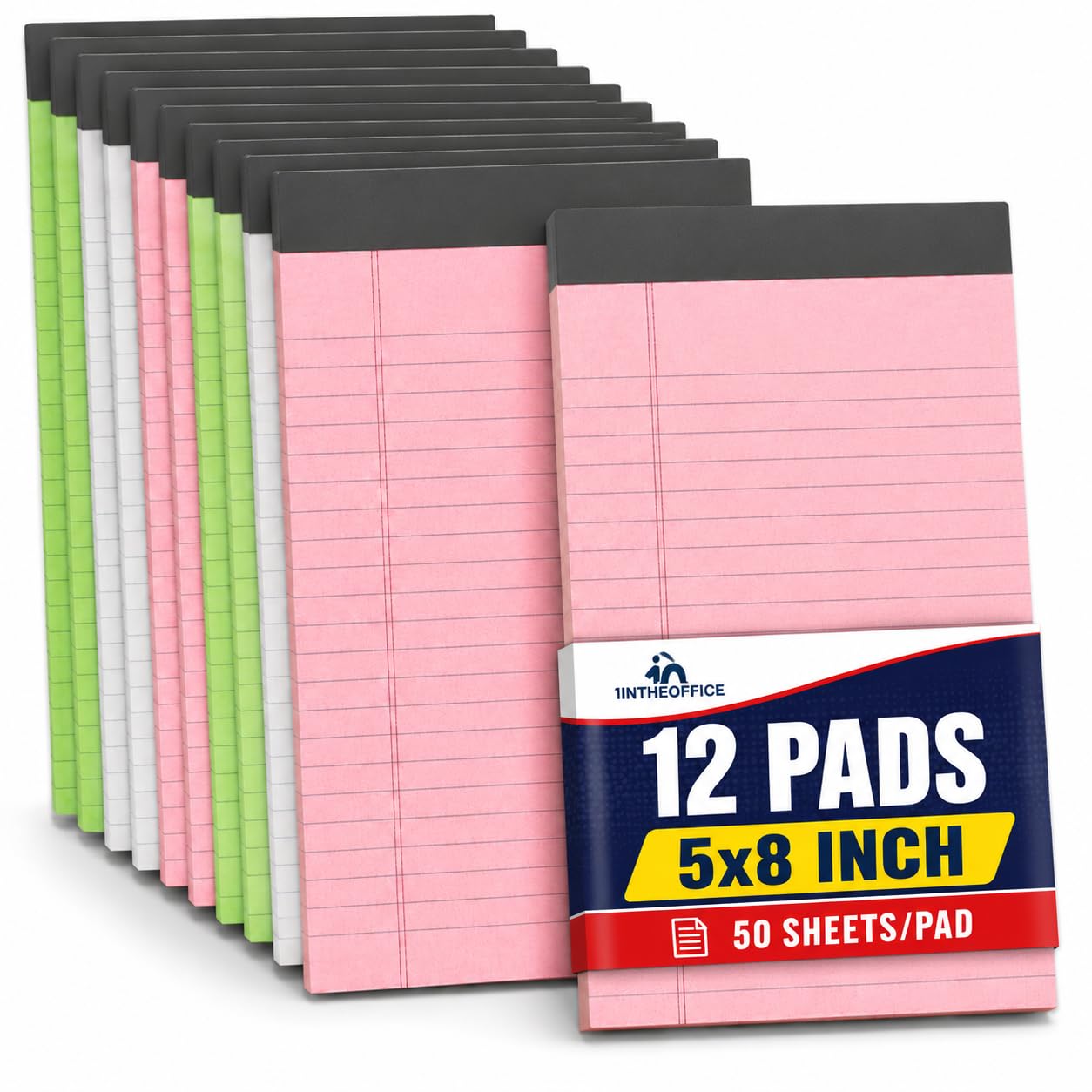 1InTheOffice Legal Jr Legal Pads 5 x 8, almohadillas legales de colores, blocs de notas legales pequeños, bloc de notas con rayas estrechas, blanco, 50 hojas/bloc (12 por paquete)