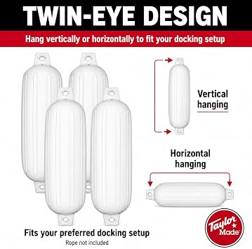 TaylorMade Boat Fender 4-Pack, Marine-Grade Vinyl, Ribbed Twin-Eye Design