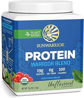 Sunwarrior Vegan Organic Protein Powder Plant-Based | BCAA Amino Acids Hemp Seed Soy Free Dairy Free Gluten Free Synthetic Free Non-GMO | Unflavored 15 Servings | Warrior Blend | 375g