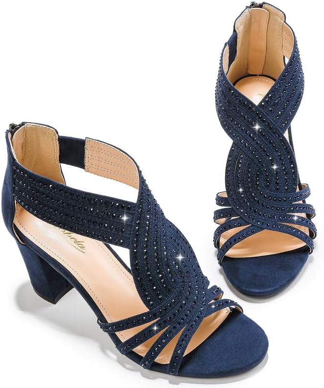 Women's Rhinestone Sparkly Chunky Block Heel Sandals Open Toe Dressy Shoes with Zipper Closure for Wedding Prom Homecoming Hoco Formal Events - Image 6