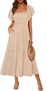 Womens Summer Casual Midi Dress Square Neck Ruffle Short Sleeve Smocked ...