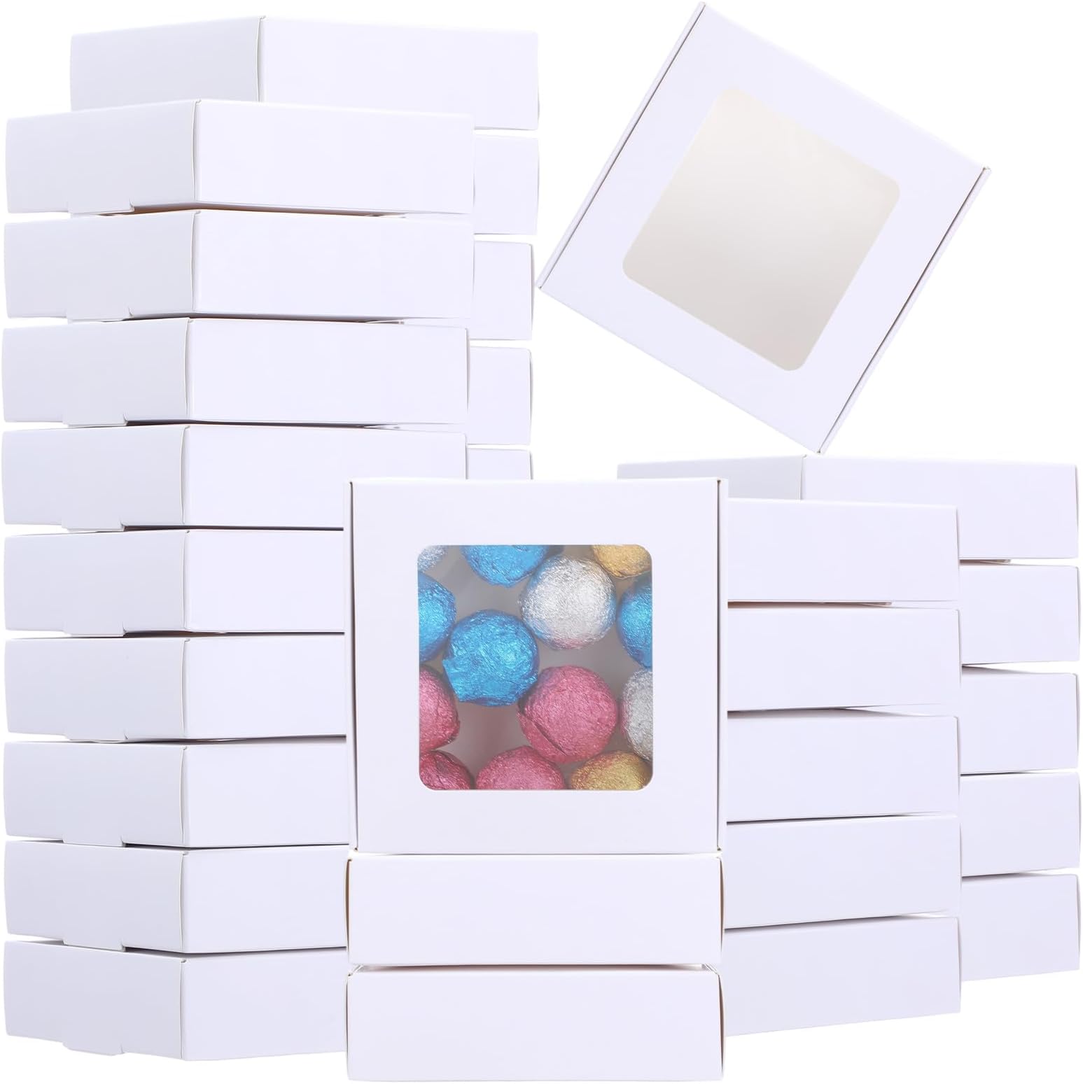 AojSup 60 Pcs White Cookie Boxes With Window 4.3 x 4.1 x 1.2 Inch Candy Packaging, Small Gift Boxes, Soap holder, Mini Treat Packaging for Bakery Chocolate Jewelry Display(White)