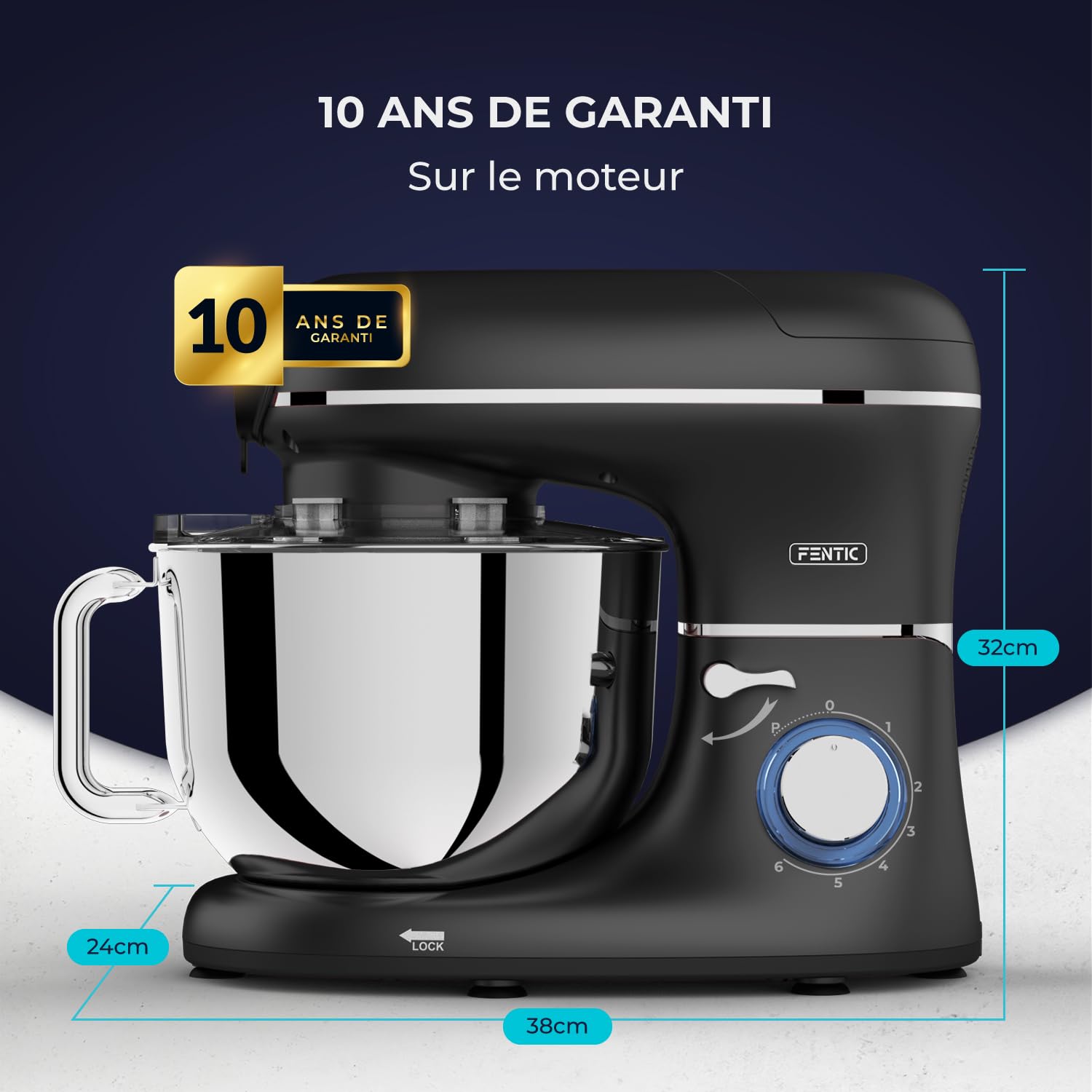 6 en 1 Robot Pâtissier – 2000W - Av. Hachoir à Viande, Mixeur 1,5L, Cutter, Accessoires – Robot Cuisine Multifonctions Av. 6,2L Bol Mélangeur, Fouet, Crochet Pétrisseur, Batteur (Noir)