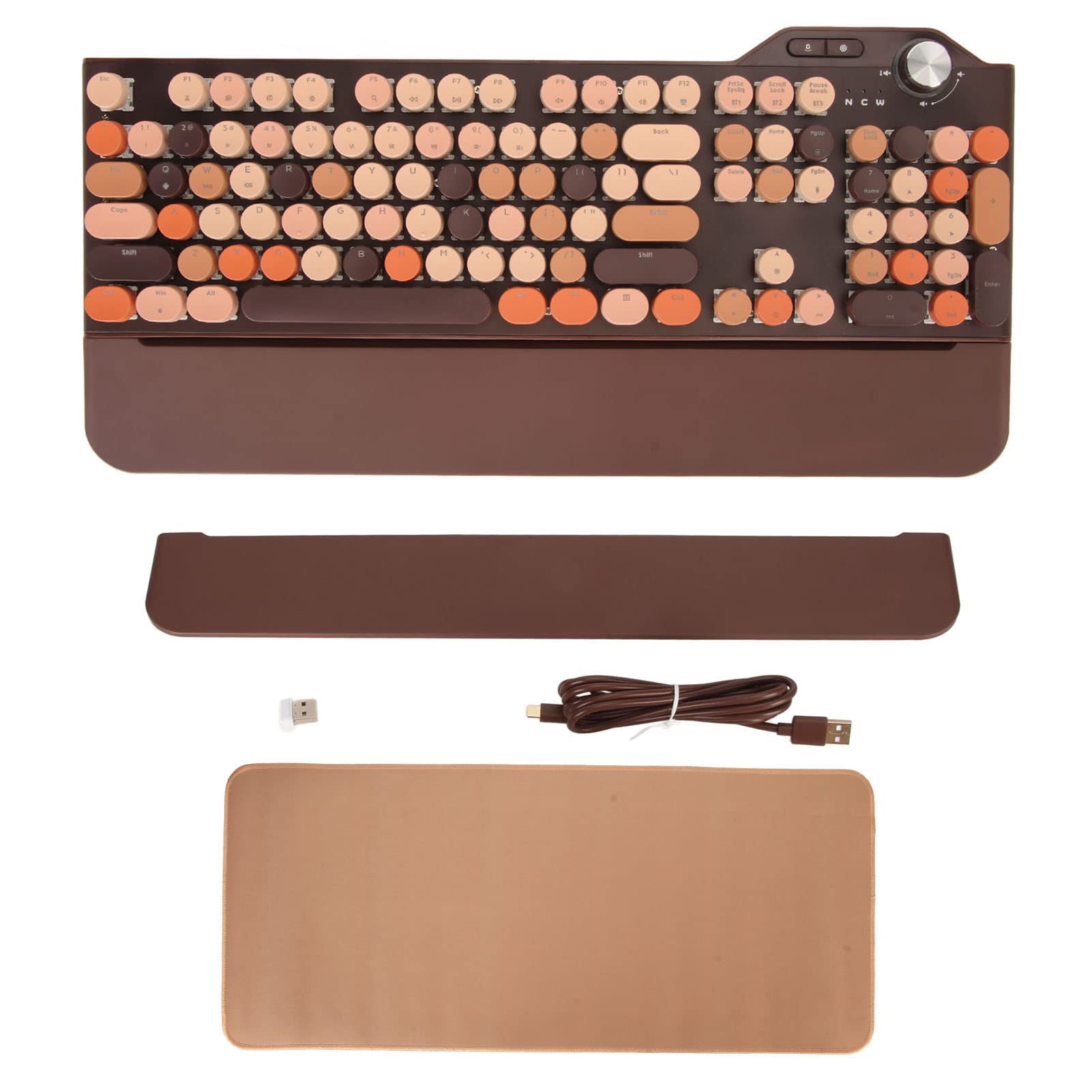 Mechaniczna Klawiatura do Gier do Pisania, Styl Retro Steampunk, z Podświetleniem LED 107 Klawiszy 2.4G BT5.1 USB Przewodowa 3 Tryby do Laptopa, Telefonów Komórkowych, Komputerów (Kawa)