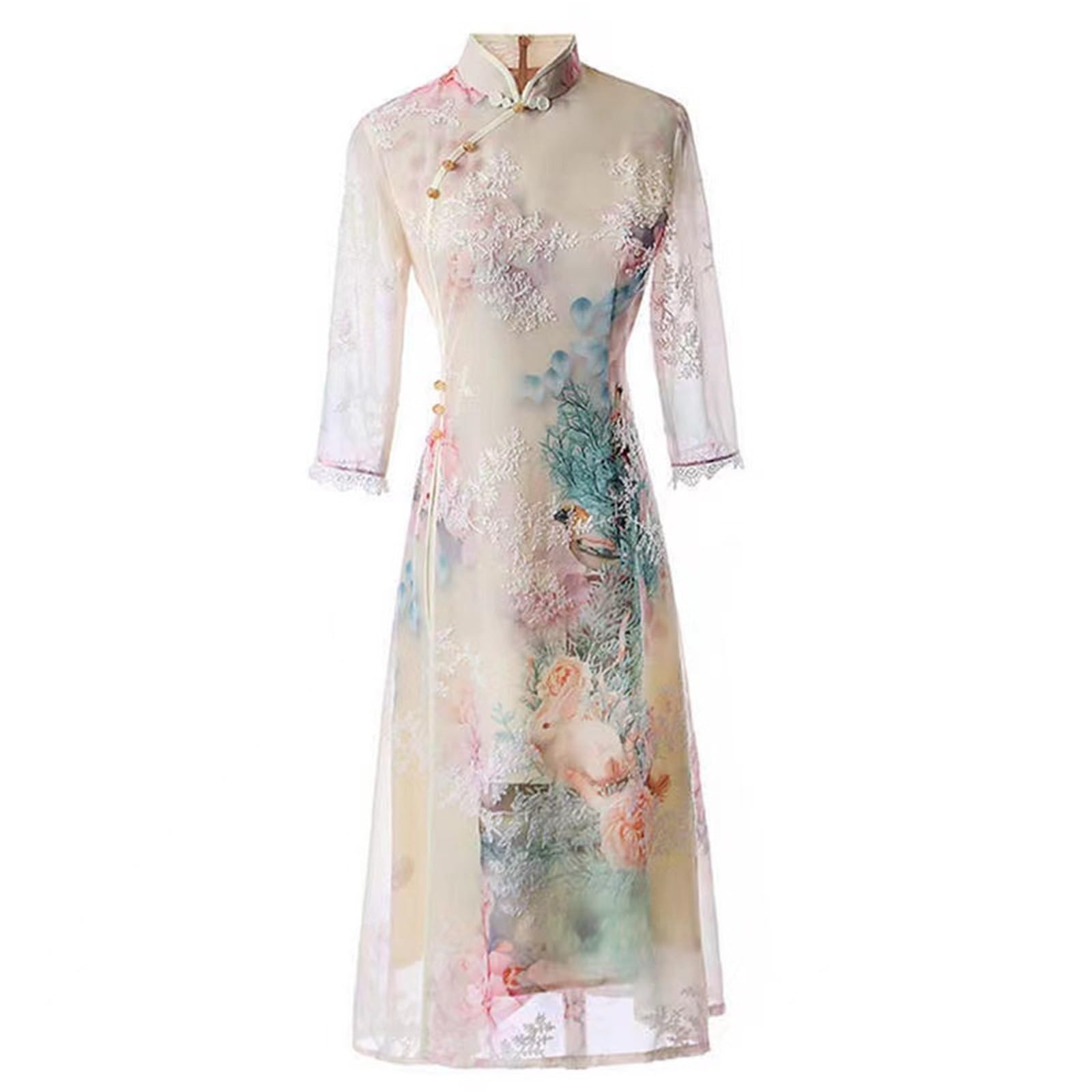 SXTYYH Traditional Ao Dai Vietnamese Dress for Women Slim Lace Summer Cheongsam Dress Qipao Print Fashion Hanfu Dresses(3XL) Pink