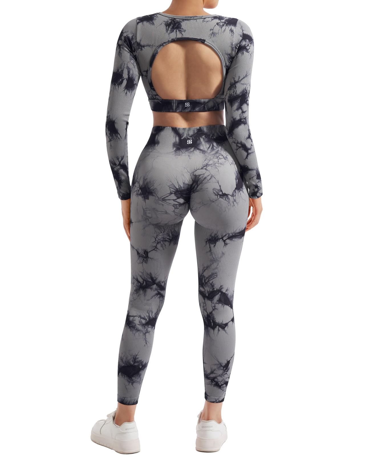 SUUKSESS Open Back Long Sleeve Scrunch Butt Booty Leggings Seamless Ribbed Workout Sets 2 Piece Outfits: Medium #2 Black Tie Dye