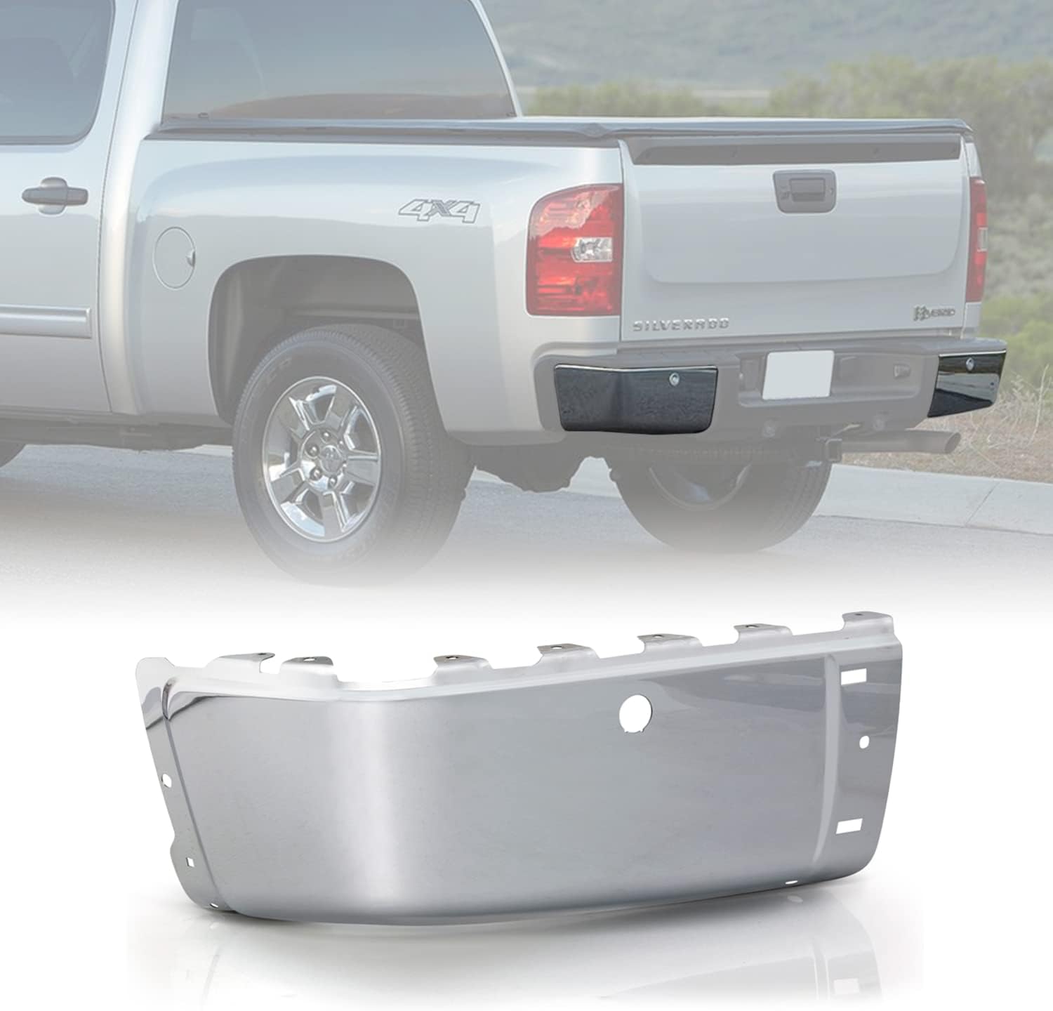 AKKON - Fits 07-13 Chevy Silverado GMC Sierra 1500 2500HD 3500HD Chrome Steel w/Sensor Hole Rear Bumper End Cap Passenger Right