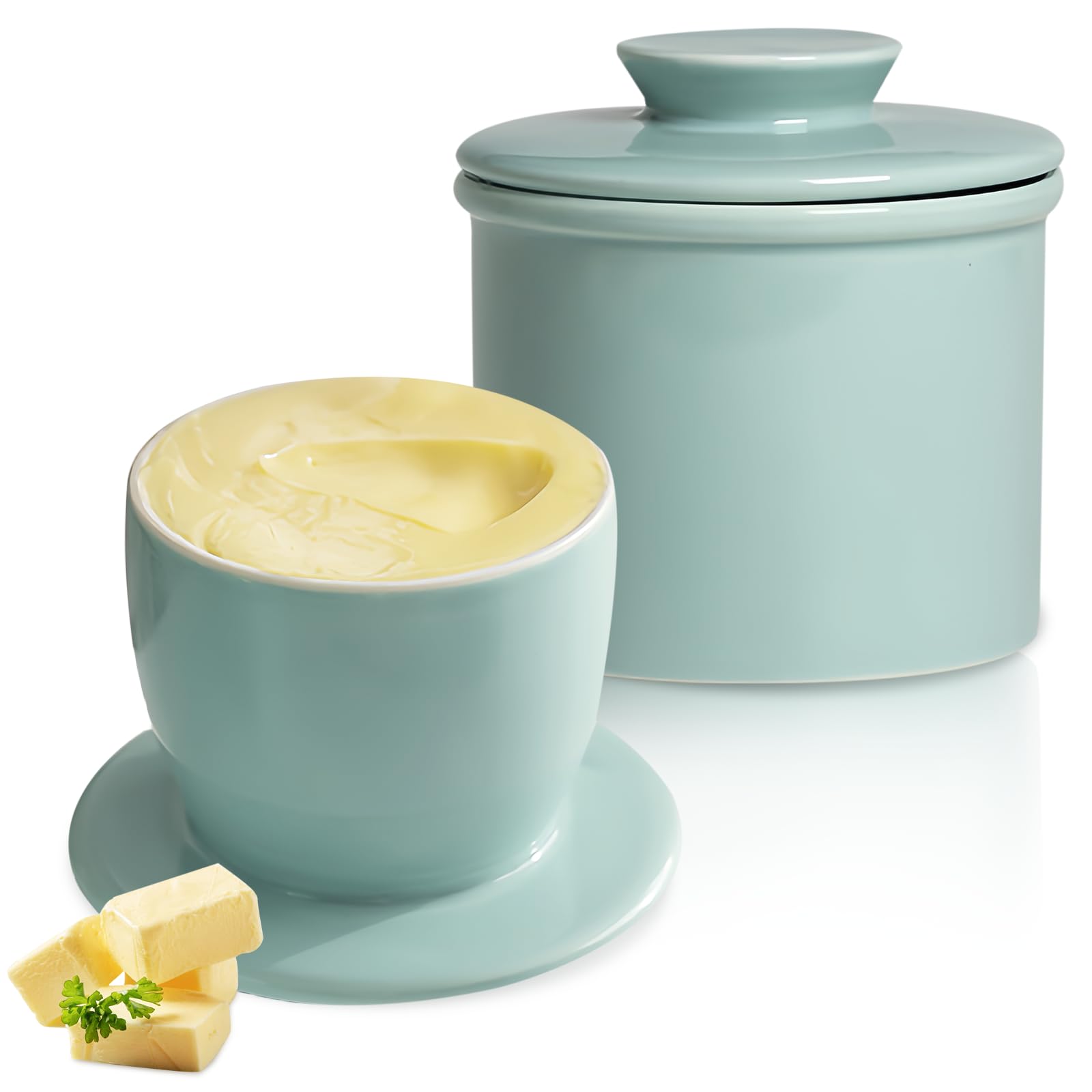 DOWAN Boter Keeper Crock, Franse botervloot, keramische botercontainer voor zachte boter, geen harde boter en gehumaniseerde waterlijn, beige