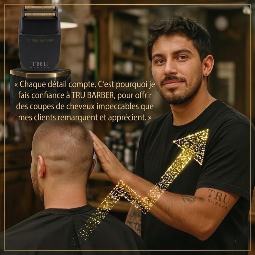 TRU BARBER Evolution – Rasoir électrique professionnel homme 9000 tr/min avec grille titane hypoallergénique, idéal barbe cheveux et crâne chauve, batterie longue durée rechargeable USB