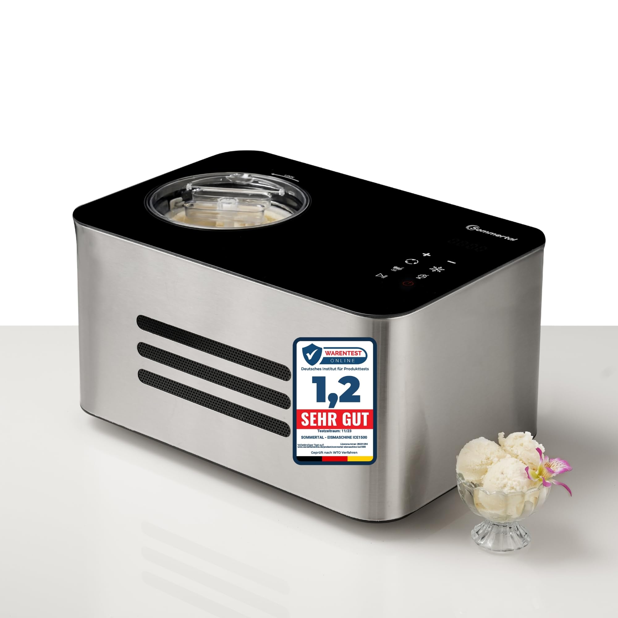 Sommertal ICE1500, Eismaschine mit Kompressor bis -36 °C, 1,5 L Edelstahl, Touchdisplay, 150 W stromsparend, für Sorbet, Milch-Eis und Frozenjoghurt, inkl. Portionierer, BPA-frei