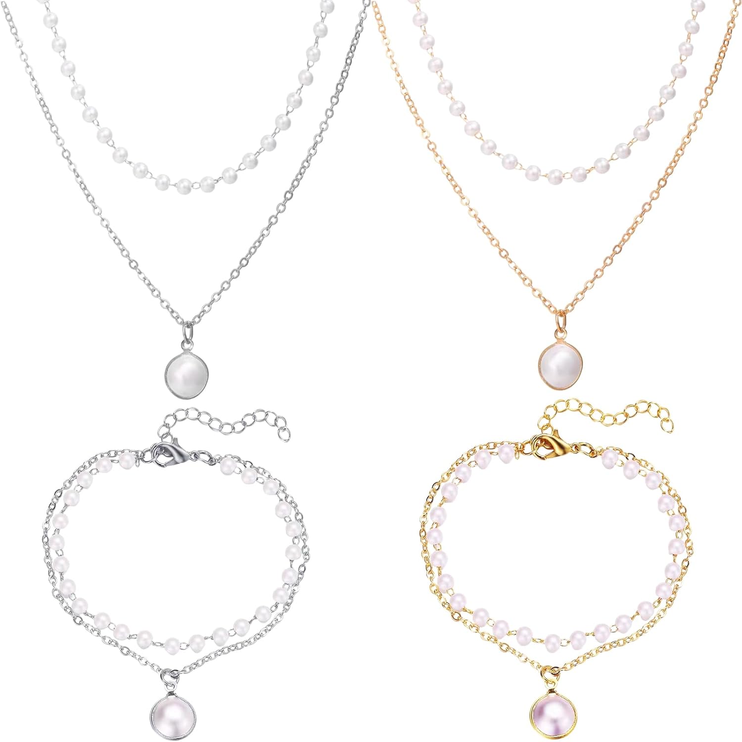 4 Piece Set Pearl Necklace For Women, Layered Necklace For Women With Pearl Chain For Woman, 2 Necklaces And 2 Bracelets Set In Gold And Silver, Fashion Jewelry For Casual Wear And Parties