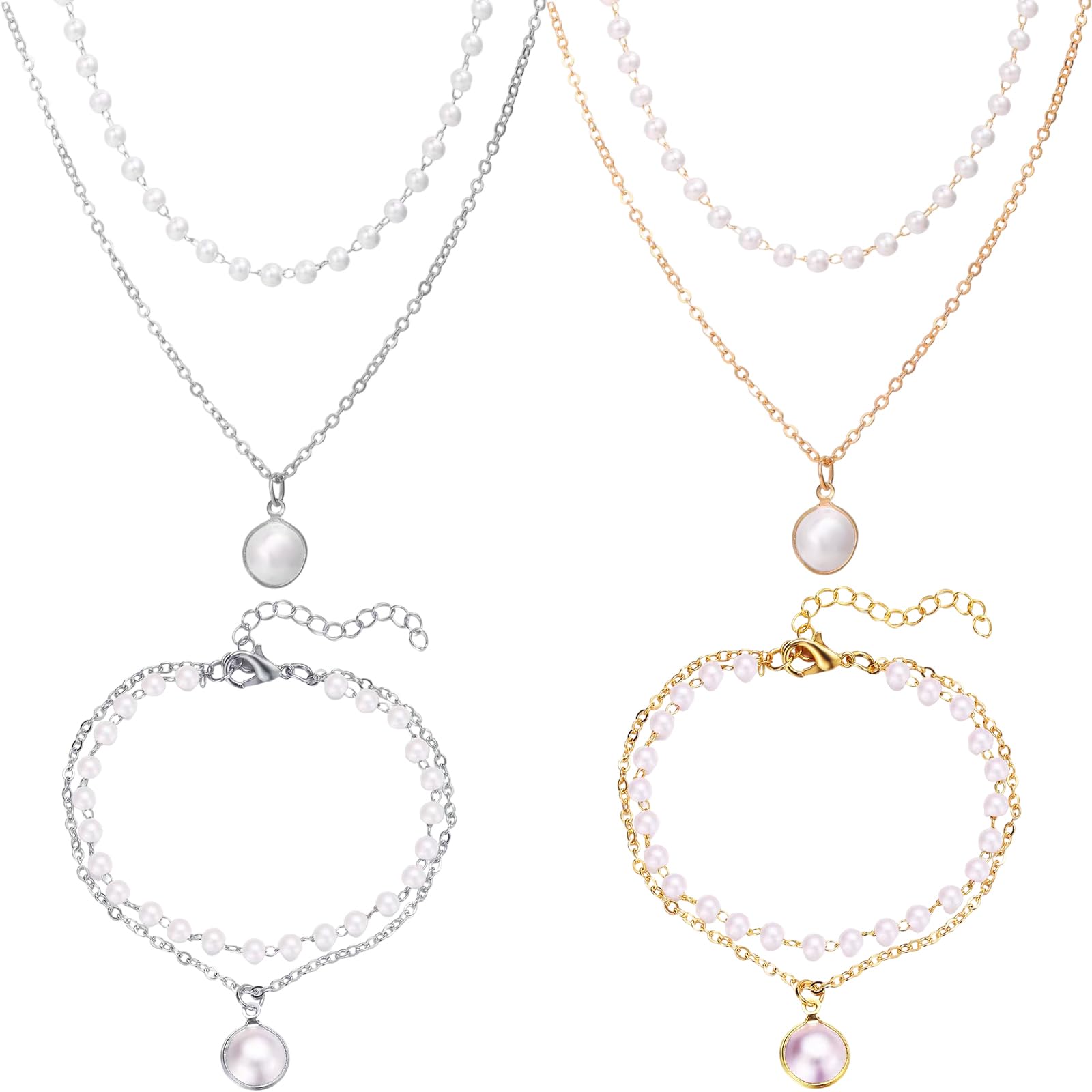 4 Piece Set Pearl Necklace For Women, Layered Necklace For Women With Pearl Chain For Woman, 2 Necklaces And 2 Bracelets Set In Gold And Silver, Fashion Jewelry For Casual Wear And Parties-image-18
