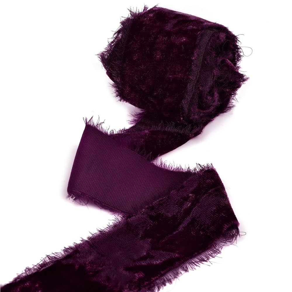 WEITINGKKK Ribbons for Gift Wrapping, Velvet Ribbon 40mm x 3 Yards Frayed Edge Fringe Ribbons Multicolor Wedding Wreaths(Dark Purple)