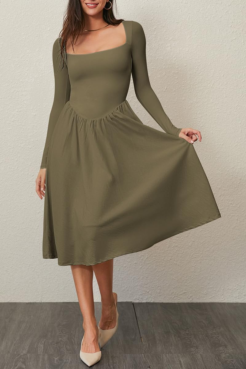 CHYRII Women Spring Fashion 2025 Square Neck Long Sleeve Casual A-Line Midi Dress - Image 5