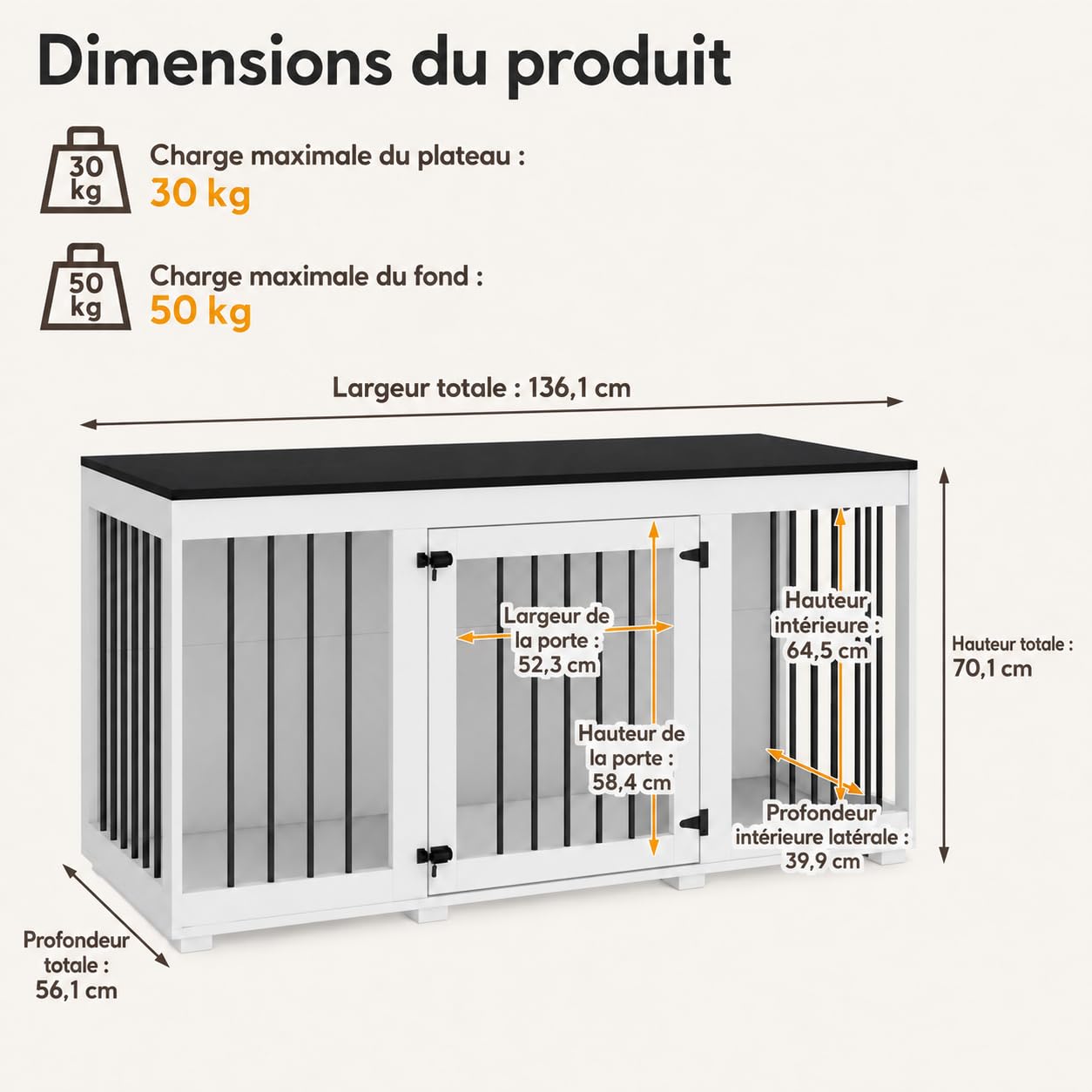 Cage pour Chien XXL 136cm pour Très Grands Chiens – Meuble Cage 2 Portes, Charge 50kg & Décor Métal Noir, 70cm de Haut – Niche Style Buffet pour Salon, 136×70×56cm, Blanc-Noir