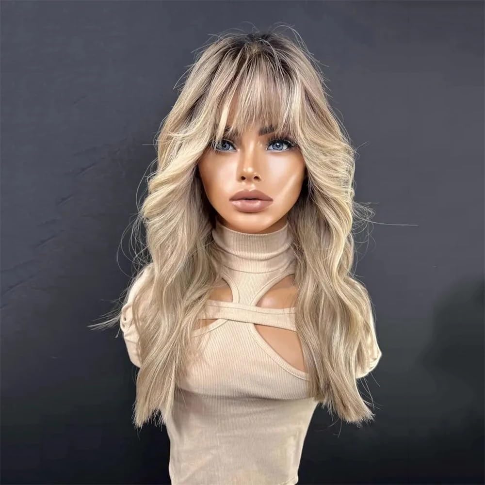 Peruki 100% Natural Looking Fringe Wig Dark Roots Synthetic Lace Wigs for Women Ash Honey Blonde Glueless with Bangs Wear Realistyczna fryzura(22INCHES)