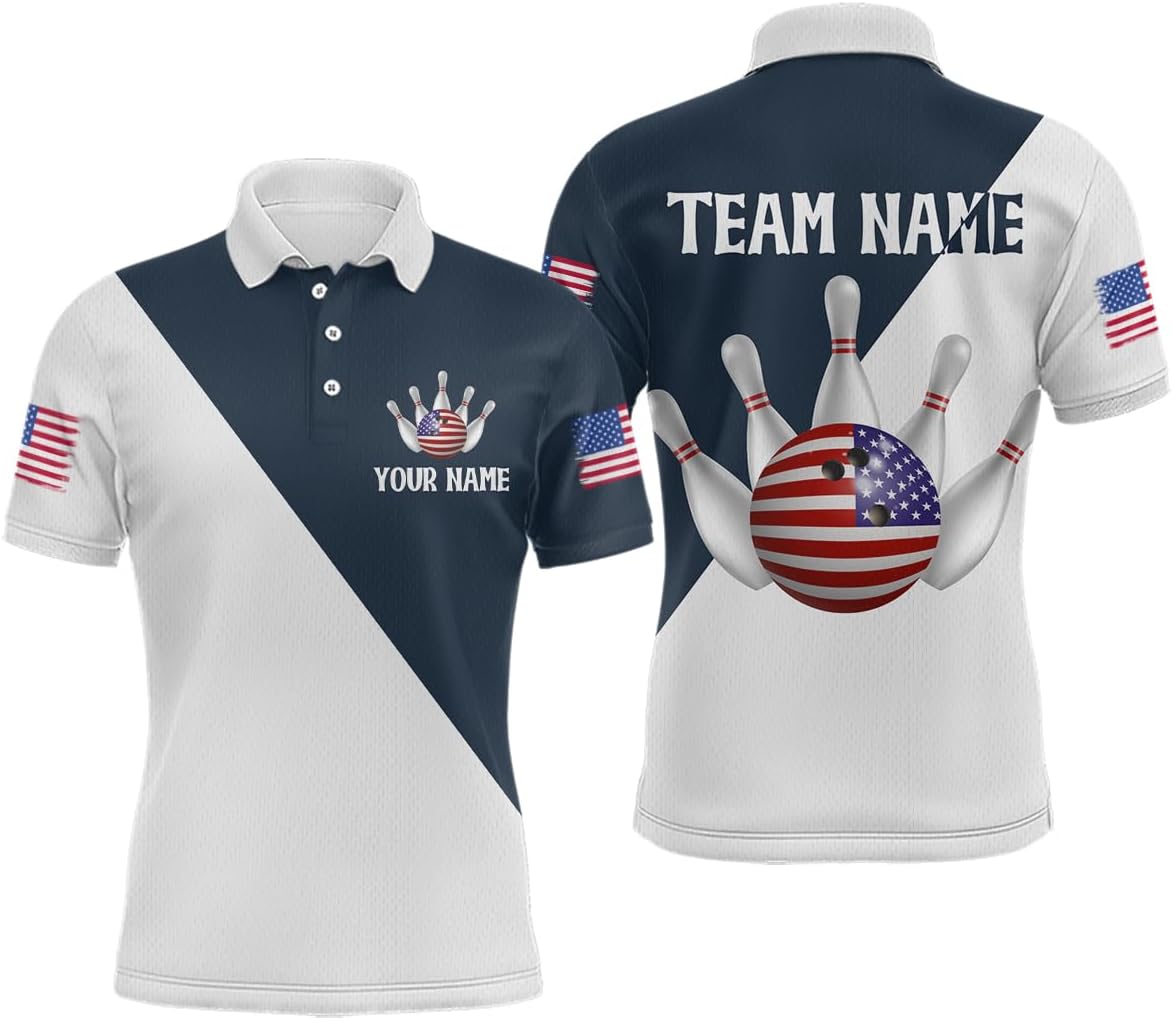 American Bowling Shirts Custom Blue Bowling Jersey for Men Women's Patriotic Bowling Polo Bowling 1/4 Shirt with Team Name
